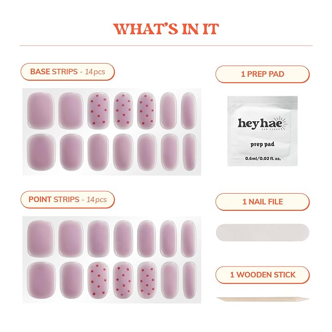 Heyhae Semi Cured Gel Nail Strips Salon Quality - Hey, Cute as a Button | No UV Light Needed | Salon Quality, Easy Apply & Remove | 28 Strips, 1 Prep Pad, Nail File, Wooden Stick | Purple Jelly