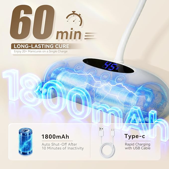 AORAEM UV Nail Lamp for Gel Polish with Auto Sensor & 3 Timers, White | 48W LED Nail Light, Rechargeable Gooseneck Flash Cure Nail Lamp for Salon Home DIY Use