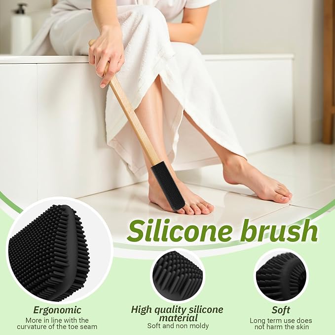 Long Handle Toe Gap Cleaning Brush+Body Shower Brush+Foot Grinder, Black | Silicone Foot Scrubber for Shower, Feet Cleaner Scrub Foot Care for Seniors,Elderly, Men and Women