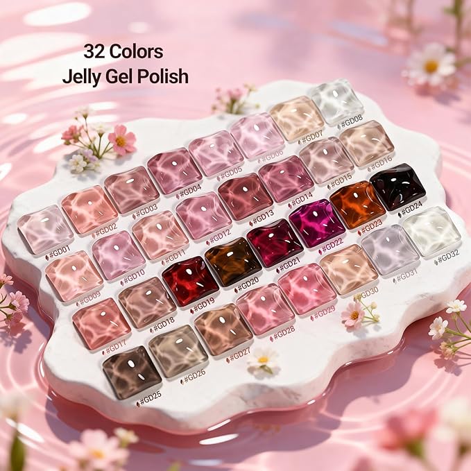 JODSONE Jelly Gel Nail Polish Set, 32 Colors Sheer Pink Gel Polish Set with Base & Top Matte Glitter Coat for Nail Art DIY Salon at Home