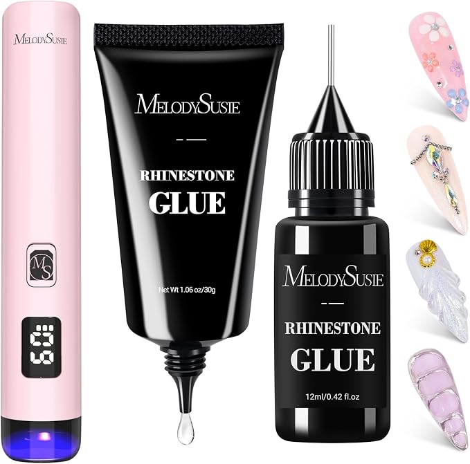 MelodySusie Pink Handheld UV Light for Gel Nails and Rhinestone Glue Kit | Cordless Spot Cure All Soft Gels 20s/60s Timer 450mAh Battery, Super Strong Gel Nail Glue Nail Art Design