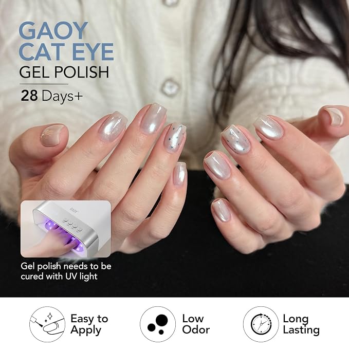 GAOY Cat Eye Gel Nail Polish Set with Magnet, 6Pcs Silver Blue Green Icy Summer Holographic Cat Eye, Reflective Translucent UV Gel, Sea Splash