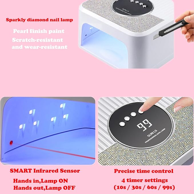 UV LED Nail Lamp 268W Gel Nail Light Nail Polish UV Dryer with 4 Timer Setting Quick Dry Nail Curing Tools for Salon & Home with 1 Contain Buff Nail Buffer Block（White）