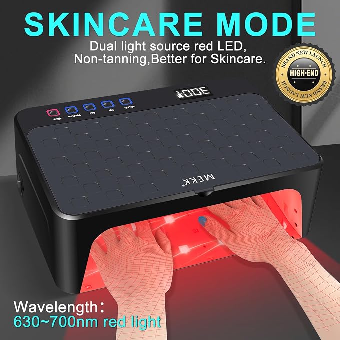 MEKK Luxury UV LED Nail Lamp with Red Light,Professional UV Nail Light | Skincare Mode, Low Heat, Cordless, Flash Cure, LCD Display, 48W 57 LED Beads, Two-Hand Design For Salon & Home Use-Black