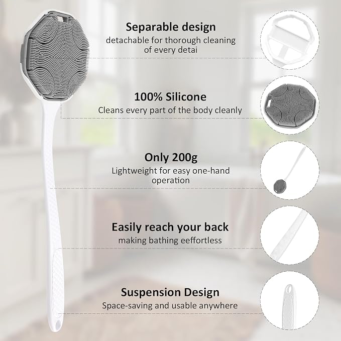 2 Pack Back Scrubber for Shower, Long Handle Silicone Body Brush, Exfoliating Shower Scrubber Brush with Non-Slip Grip, Back Scrubber for Men & Women, Grey+Black