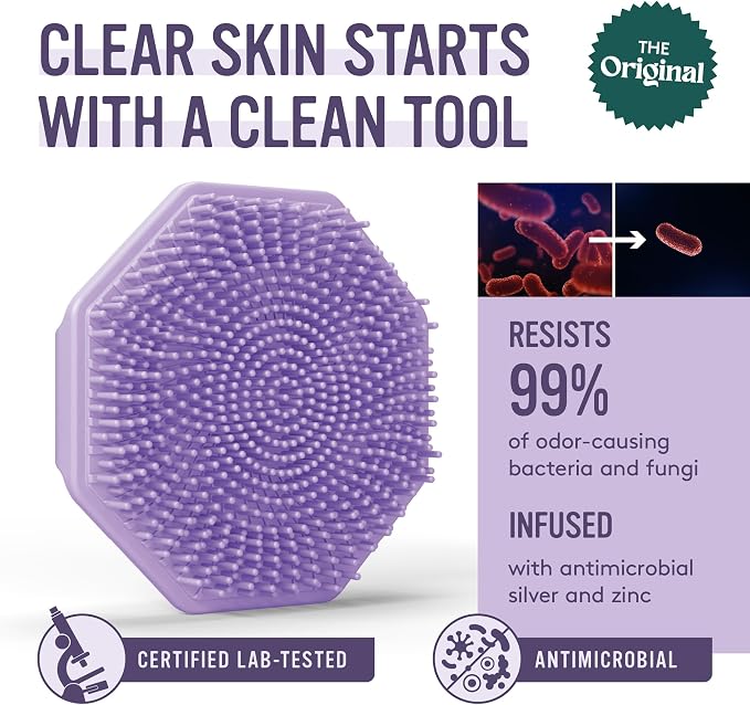 Sud Scrub® Antimicrobial Silicone Face Scrubber, 1 Pack, Gentle Face Exfoliator for Sensitive Skin, Eco Friendly Facial Cleansing Brush, Exfoliating Face Brush for Men and Women (Purple)