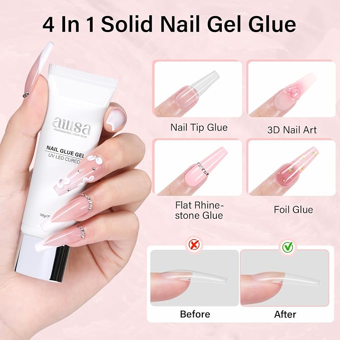 AILLSA Solid Nail Glue Gel 30g with White Mini UV Lamp | Strong Nail Glue Gel for Acrylic Nail Tips, Mini LED UV Nail Light for Press On Nails