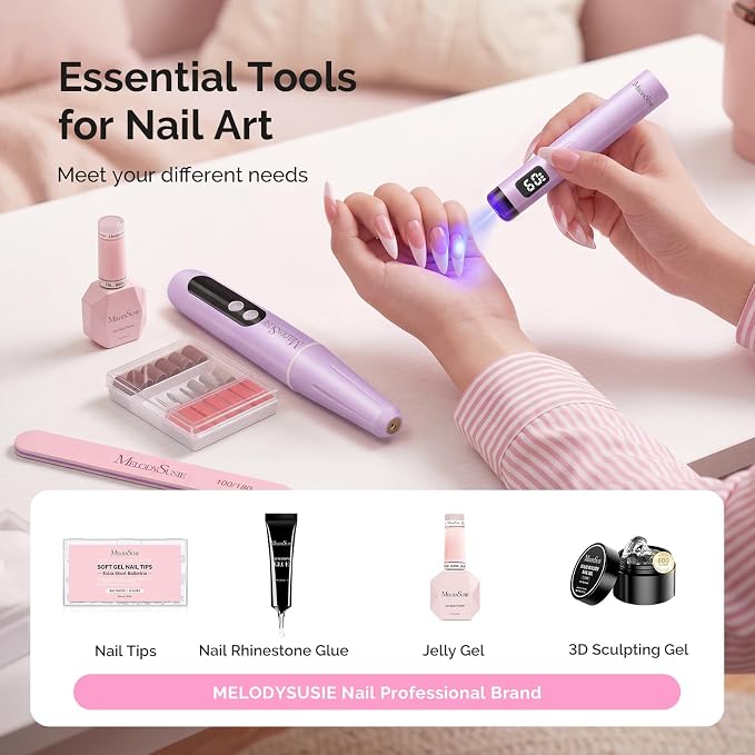 MelodySusie PC90G Cordless Nail Drill & P-Art01R Handheld UV Lamp | Starter Kit for Manicure, Acrylic Nails & Gel Polish, Portable for Home, Salon & Travel, Beginner Essential Set Purple