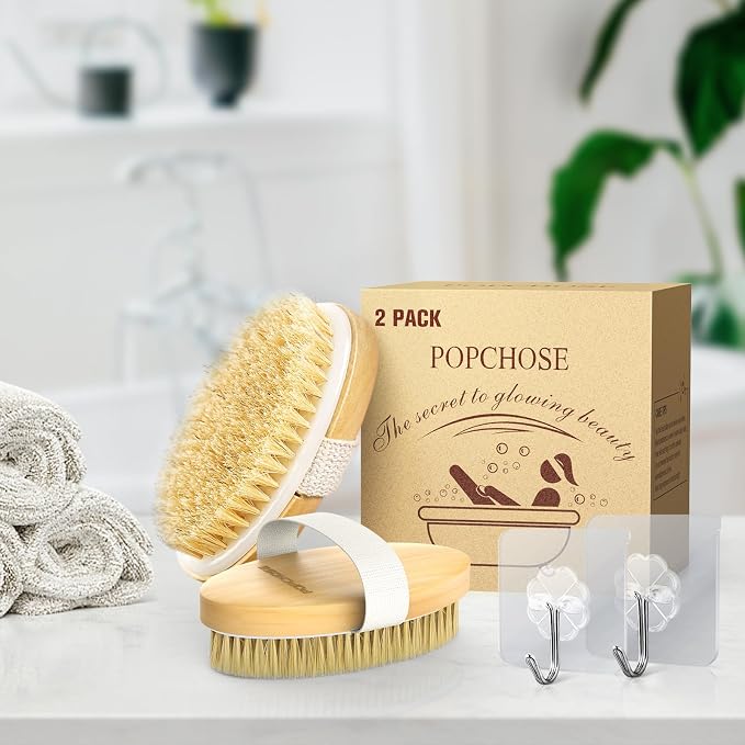 POPCHOSE Dry Brushing Body Brush, Natural Bristle Exfoliating Brush | Body Scrub for Smoother Skin: Supports Cellulite Treatment, Lymphatic Drainage and Blood Circulation Improvement