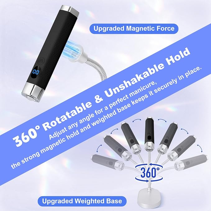 Mini Nail Lamp for Gel Nails with AI Sensor & Magnetic Stand,Rechargeable | Handheld or Hands-free,Flash Cure Nail Lamp for Gel X & Press on Nails,Gooseneck UV Light with LCD Display & 2 Timers (Black)