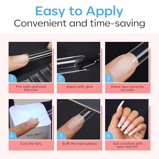 Modelones Medium Almond Nail Tips 510pcs Half Cover Fake Press On Nails | Pre-Etched Clear Natural Fit Acrylic Gel False Nails Extension DIY Salon 15 Sizes