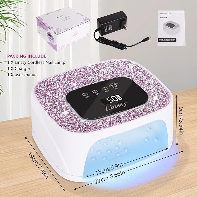Linssy Rechargeable UV LED Nail Lamp,Portable Cordless Nail Gel Lamp | Gel Nail Dryer Light 4 Timings & Diamond LCD Screen with Auto Sensor, UV Light for Gel Nails at Home Salon (White)
