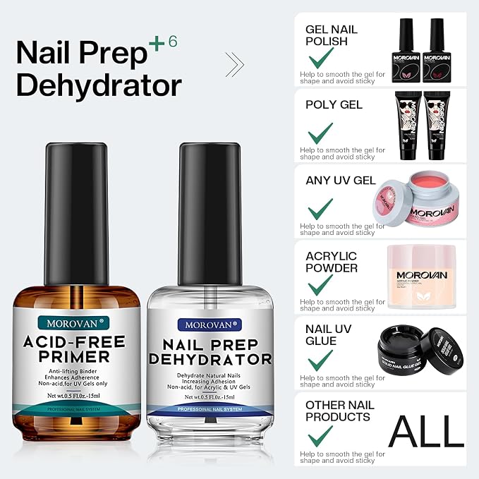 Morovan Nail Prep Dehydrator and Primer, Natural 4 PCS Dehydrator & Acid-Free Bond Primer for Acrylic Powder U V Extension Gel Nail Supplies Set