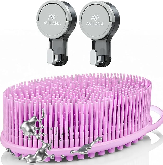 Avilana Silver-Infused Massage Silicone Body Scrubber (Pink)+ Suction Hook (2-Pack) – Premium Design, Quick-Drying, BPA-Free – No-Drill Storage Solution