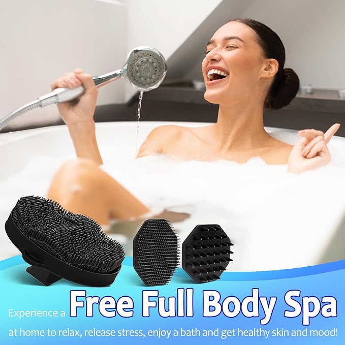 3 Soft Silicone Scrubbers - Body Exfoliating Brush Skin Massage Shower Scrubber Body Buffer, with Super Soft Handheld Facial Cleansing Brush, with Hair Shampoo Brush Scalp Massager (Black)