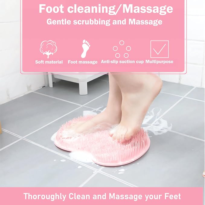 Shower Foot and Back Scrubber Mat,Wall Mounted Shower Foot Scrubber with Suction Cups,Exfoliating Silicone Massage Cleaner Mat(Pink)