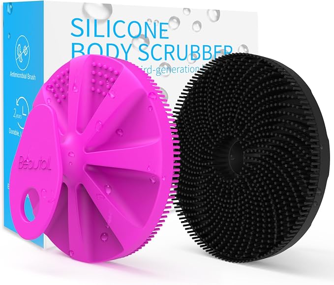 Silicone Body Scrubber, BEAUTAIL Gentle Exfoliating Brush for All Skin Type | Lather Well Shower Scrubber for Body, Bath Essentials for Women, Men & Kids, Hygienic Silicone Loofah. 2-Pack, Purple+Black