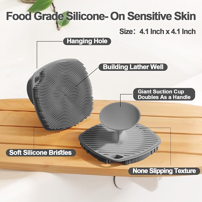 Silicone Body Scrubber, Bath Brush,Gentle Texture Exfoliating Body Scrubber for Men and Women On Sensitive Skin, Soft Scrubber Builds Up Lather, Deep Skin Clean (Gray)