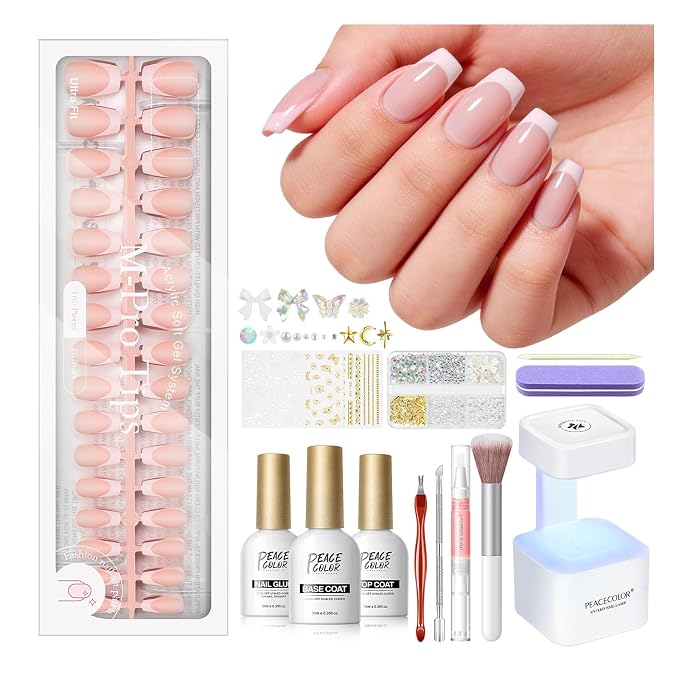 PEACECOLOR French Tip Press On Nails Kit - 160Pcs Coffin 5 Colors Nail Tips Gel Nail Kit with U V Light Base & Top Coat Starter Kit Nail Glue Full Set Fake Nails DIY Gift for Women Girls Home