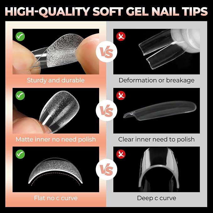 UNA GELLA Short Almond Gel Nail Tips Half Matte Full Cover 120pcs | Almond Shape Nail Tips, Soft Gel, Strong, Long Lasting, Clear Acrylic False Nails, DIY Nail Art Salon, 12 Sizes for Women