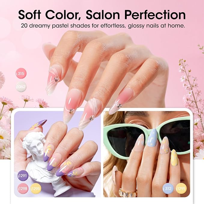 GELLEN Gel Nail Polish Set 24PCS, Pastel Gel Polish Kit with Base Top Coat | 24-Piece Set with 20 Colors, Base, Top Coats, Cat Eye Top Coat & Magnet for DIY Nail Art at Home or Salon.