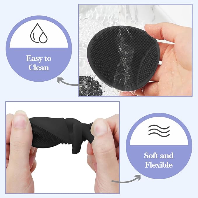 Manmihealth Silicone Back Scrubber & Shower Brush Set Thin Bristles Black | 3PCS Gentle-Cleaning & Exfoliating Body Scrubber, Bath Glove, Face Scrubber Combination