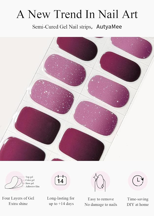 Semi Cured Gel Nail Strips (Glittery Purple), 20 Pcs Omber Gel Nail Wraps, Stickers, UV Light Required, Salon Quality