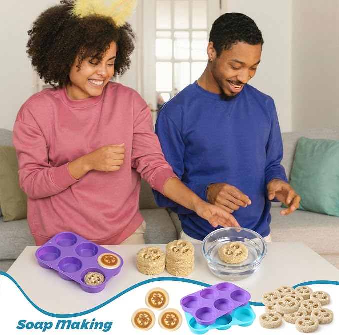 Sliner 2 Pcs 3 Inch Round Silicone Soap Molds & 12 Natural Loofah Sponges, Exfoliating Body Scrubbers for Soap Making, Shower Steamers, Bath Bombs, Lotion Bars - Suitable for Women and Men