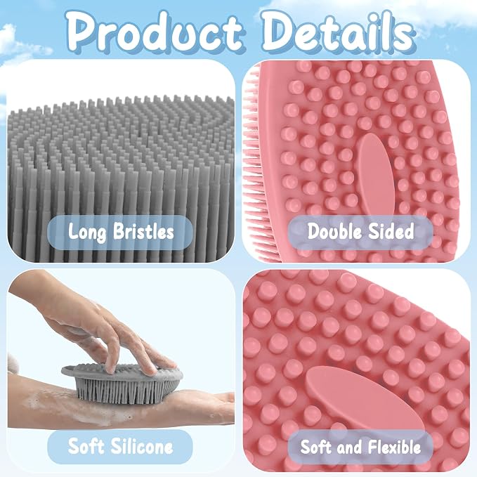 Silicone Scrubber Body, Shower Sponge & Exfoliating Body Scrubber for Men and Women, Large Flat Head Design with Handle - Gray & Pink, Bath Scrubber for Deep Cleansing & Skin Renewal