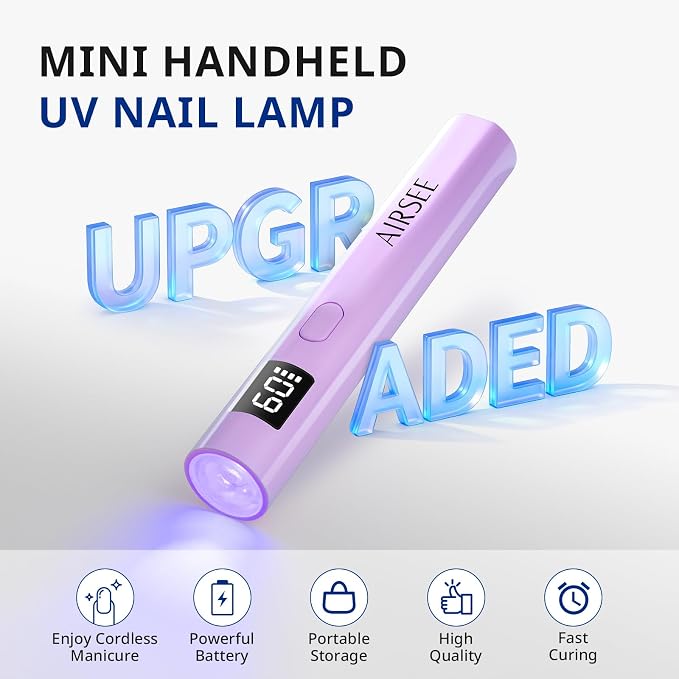 AIRSEE Mini Handheld UV LAMP for Nails with Storage Bag & Display,Purple | 2 Timers for Fast Cure All Soft Gels, Especially Rhinestone Glue and Gel Nail Strips at Home,Travel