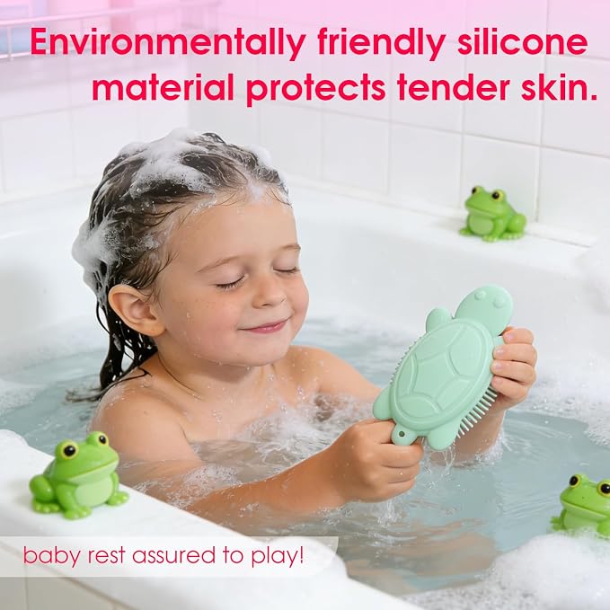 Baby Shower Brush,Kids Silicone Body and Back Exfoliating Mitt - Soft Bristles, Gentle Exfoliation, Cute Turtle Design Makes Children Love Bathing(Mint)