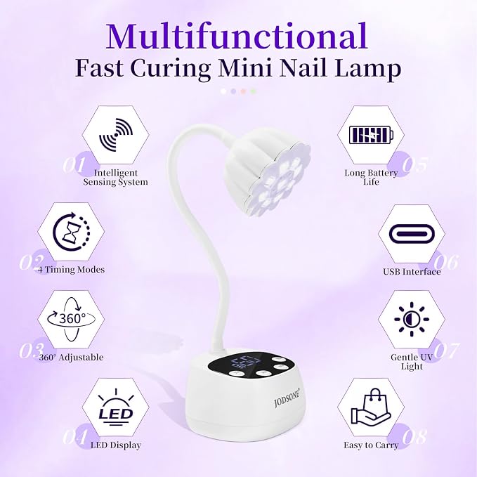 JODSONE Fast Curing U V Nail Lamp Portable and Flexible Gooseneck Lamp Rechargeable LED Dryer for Gel Polish, Auto Sensor & 4 Timers Ceramic White