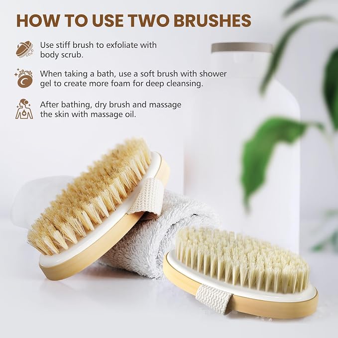 POPCHOSE Dry Brushing Body Brush, Natural Bristle Exfoliating Brush | Body Scrub for Smoother Skin: Supports Cellulite Treatment, Lymphatic Drainage and Blood Circulation Improvement