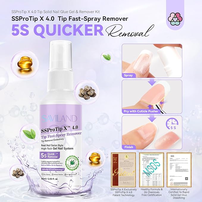 SAVILAND Nail Glue Gel & Nail Glue Remover: Quick Press on Nails Remover 30 g U V Glue Solid Hard Gel for Nails with Cuticle Pusher and Manicure Tools Long Lasting Castor Oil VE Supplies Tech