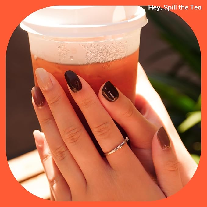 Heyhae Semi Cured Gel Nail Strips Salon Quality - Hey, Spill the Tea | No UV Light Needed | Salon Quality, Easy Apply & Remove | 28 Strips, 1 Prep Pad, Nail File, Wooden Stick | Neutral Solid