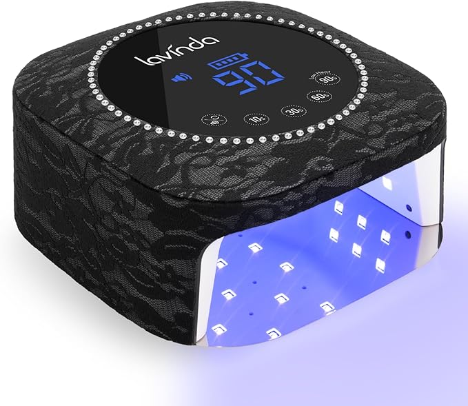 Lavinda Nail Lamp for Gel Polish, UV Light for Gel Nails with Black Lace Rhinestone Finish, Professional Nail Light Rechargeable with 4 Timer Settings Auto ON/Off Sensor for Salon Home Nail Technician