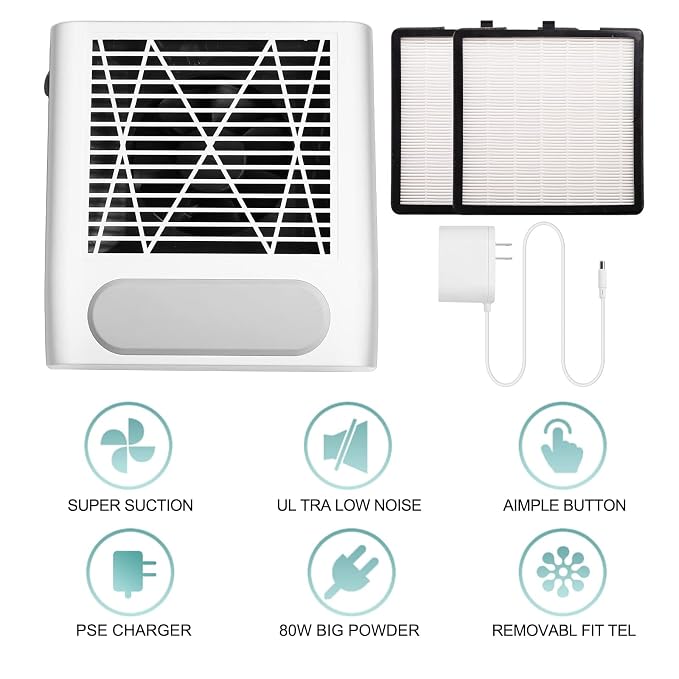 Biutee Nail Dust Collector for Acrylic Nails 80W Powerful Vacuum Dust Fan | 2 Reusable Filters, 80W Suction, Low Noise, High-efficiency Heat Dissipation, for Manicure Salon Home