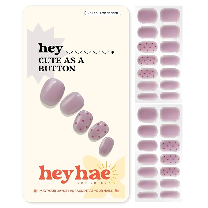 Heyhae Semi Cured Gel Nail Strips Salon Quality - Hey, Cute as a Button | No UV Light Needed | Salon Quality, Easy Apply & Remove | 28 Strips, 1 Prep Pad, Nail File, Wooden Stick | Purple Jelly