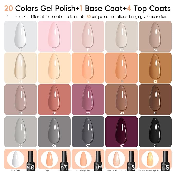 Peacecolor 26PCs Gel Nail Polish Set, 20 Natural Colors Milky White Nude Brown Nail Polish with 5Pcs Glossy/Matte/Glitter Top Base Coat Manicure Kit Gifts for Women DIY Home