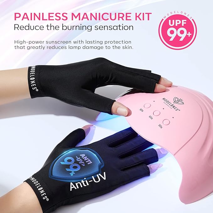 Modelones UV Nail Lamp 48 W Nail Dryer with 3 Timer Settings | UV Light for Gel Nails LED Nail Lamp Professional UPF99+ UV Protection Gloves for Art Manicure