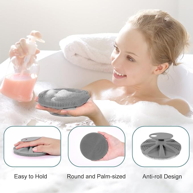 INNERNEED Food-Grade Soft Silicone Body Scrubber Shower Brush, Gray | Handheld Cleansing Skin Brush, Gentle Exfoliating and Lather Well, Hygienic Bath Scrub for Women, Men