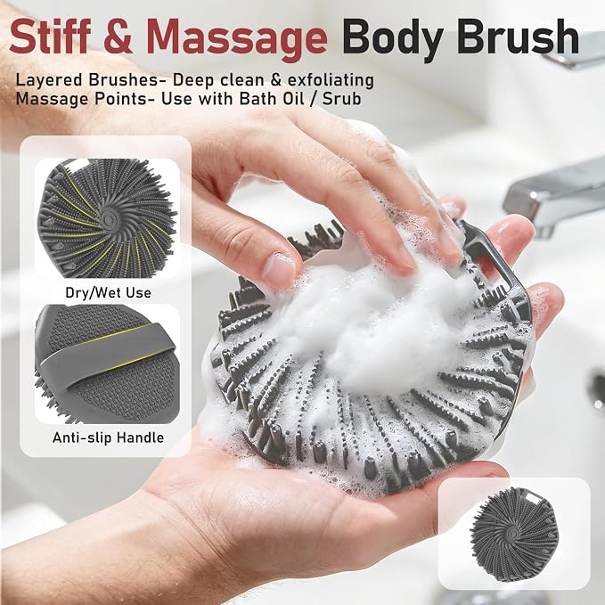 Back Scrubber for Shower 2 Pack, Silicone Scrub Brush with Long Handle & Unique Soft Body Scrubber, Detachable Body Brush Shower Lather Well Deep Clean Exfoliating for Women Men Sensitive Skin Bl&Gy