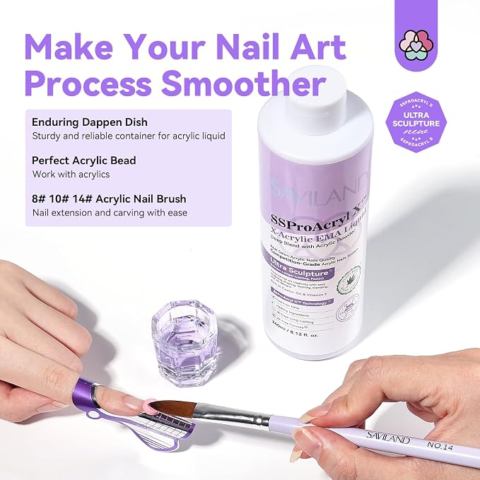 SAVILAND EMA Monomer Acrylic Nail Liquid 8 Oz with 3 Brushes Dappen Dish | Non Yellowing, Medium Drying Time, Acrylic Sculpting and Carving, Nail Techs and Beginners, Home Salon or Studio Use