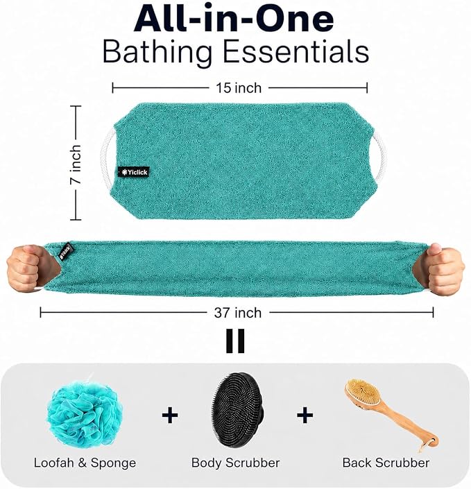 Yiclick Exfoliating Washcloth Towel with Handle, Back Scrubber for Shower, Exfoliating Body Scrubber Exfoliator, Japanese Wash Cloth for Body Scrub, Bath Sponge Loofah Luffa Washer Exfoliator