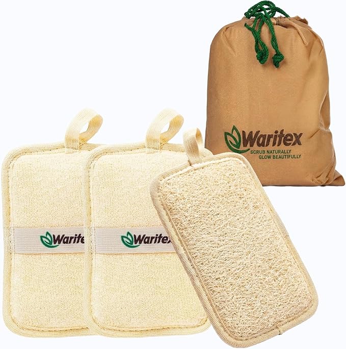 Waritex Organic Egyptian Loofah Rectangular Exfoliating Body Scrub [3 Pack] | Natural Loofah Fiber Bath Pads with Hand Strap for Gentle Skin Exfoliation, Deep Clean Scrubber, Shower Use for Men and Women