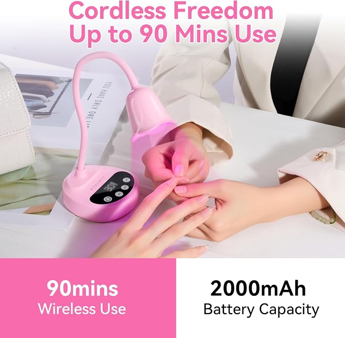 Makartt Cordless Flash Cure UV Nail Lamp for Gel Nails Adjustable Gooseneck | 50 mW/cm² Rechargeable UV Light with Auto Sensor & 4 Timers for Better Gel Curing at Home, Salon or Travel, Pink
