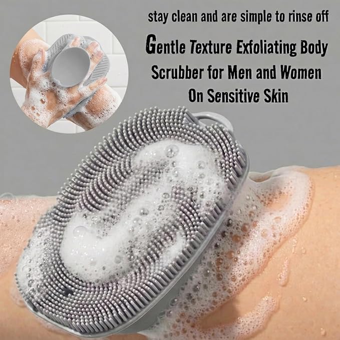 Soft Silicone Body Scrubber, Face Scrubber Silicone, Gentle Texture Exfoliating Body Scrubber for Men and Women On Sensitive Skin, Back Large Suction Cup for Easy Dry and Store (Gray)