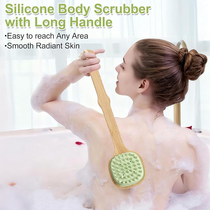 Silicone Back Scrubber for Shower, 2 PCS Silicone Bath Body Brush Loofah with Long Handle, Dual-Sided Shower Brush for Body, Exfoliating Body Scrubber Back Washer for Men Women(Lake Blue +Green)