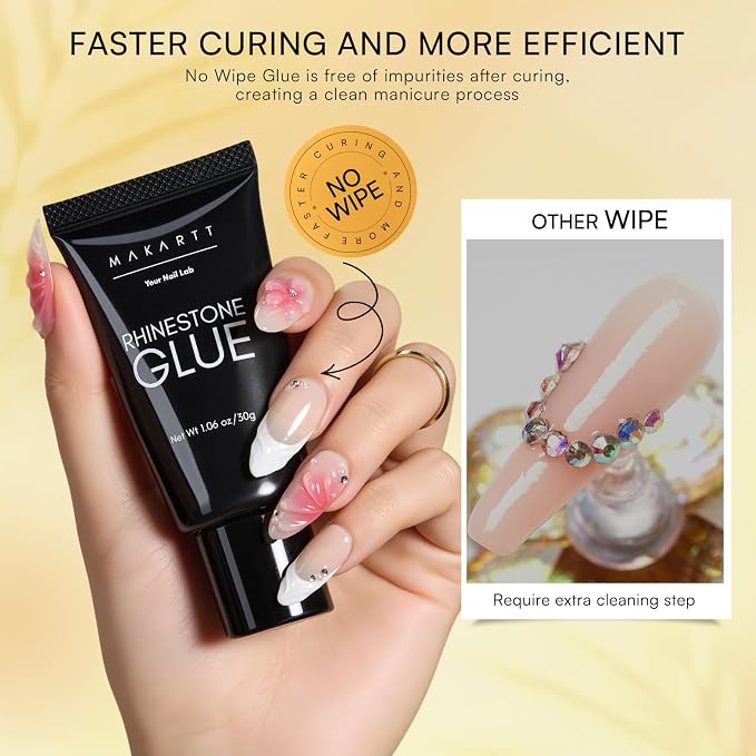 Makartt Rhinestone Glue Gel Set, 2-Pack 60g Low and Medium Viscosity | Strong Hold 30 Day Clear Cured Gel for Nail Charms, Rhinestones, Gems and 3D Decorations. Use for Salon or At-Home Nail Art.
