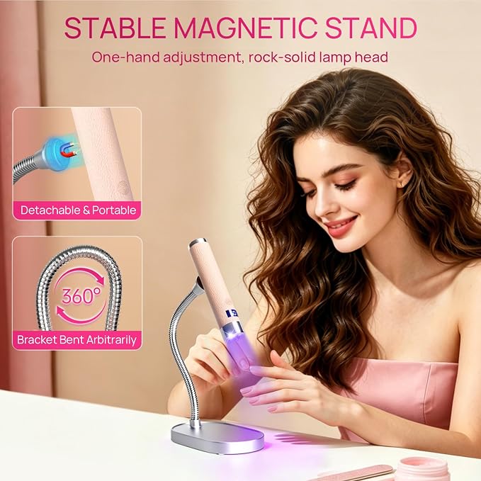Krofaue Handheld UV Lamp with Auto-Sensor, Rechargeable Nail Dryer | Magnetic head, 360° gooseneck, 30s/60s timers, LCD display, 800mAh battery, 60min cordless use, for salon home travel